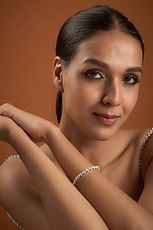 White Finish White & Yellow Swarovski Zirconia Cuff Bracelet In Sterling Silver
