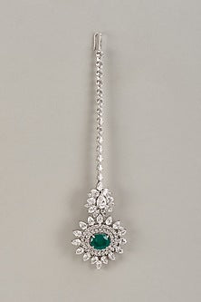 White Finish Swarovski Zirconia & Deep Green Drop Maang Tikka In Sterling Silver