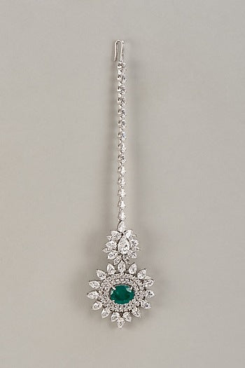 White Finish Swarovski Zirconia & Deep Green Drop Maang Tikka In Sterling Silver