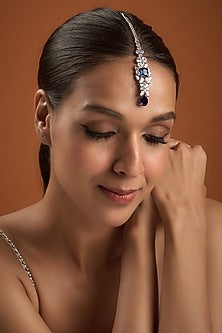 White Finish Oval Swarovski Zirconia & Sapphire Synthetic Stone Maang Tikka In Sterling Silver