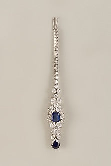 White Finish Oval Swarovski Zirconia & Sapphire Synthetic Stone Maang Tikka In Sterling Silver