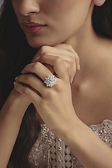 White Finish Baguette Swarovski Zirconia Ring In Sterling Silver