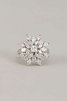 White Finish Baguette Swarovski Zirconia Ring In Sterling Silver
