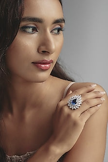 White Finish Swarovski Zirconia & Sapphire Stone Ring In Sterling Silver