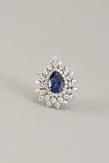 White Finish Swarovski Zirconia & Sapphire Stone Ring In Sterling Silver