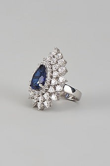 White Finish Swarovski Zirconia & Sapphire Stone Ring In Sterling Silver