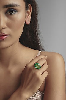 White Finish Swarovski Zirconia & Emerald Ring In Sterling Silver