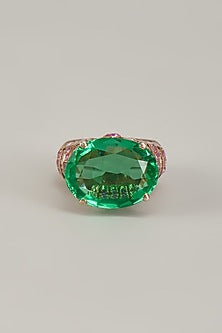 White Finish Swarovski Zirconia & Emerald Ring In Sterling Silver