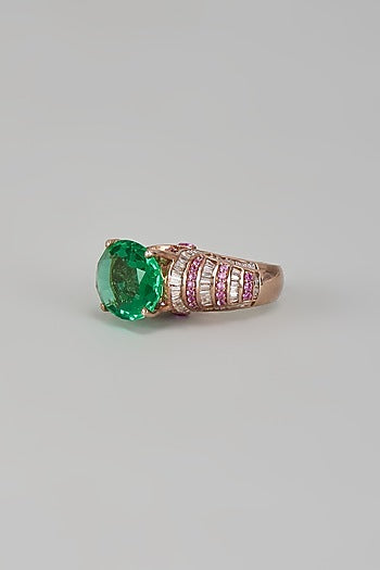 White Finish Swarovski Zirconia & Emerald Ring In Sterling Silver