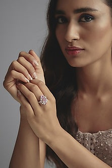 White Finish Pink Swarovski Zirconia Ring In Sterling Silver