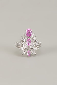 White Finish Pink Swarovski Zirconia Ring In Sterling Silver