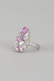 White Finish Pink Swarovski Zirconia Ring In Sterling Silver
