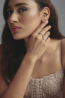 White Finish Swarovski Zirconia Twin Band Ring In Sterling Silver (Set Of 2)