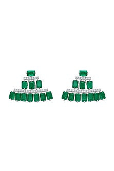 White Finish Emerald Stone & White Swarovski Zirconia Earrings In Sterling Silver