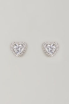 White Finish White Stone Stud Earrings In Sterling Silver