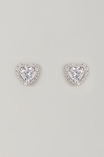 White Finish White Stone Stud Earrings In Sterling Silver