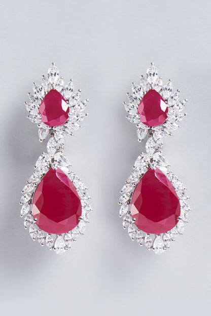 White Finish Red Swarovski Zirconia Earrings In Sterling Silver