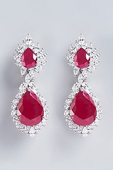 White Finish Red Swarovski Zirconia Earrings In Sterling Silver