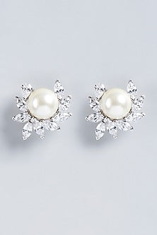 White Finish Synthetic Pearl & Swarovski Zirconia Earrings In Sterling Silver