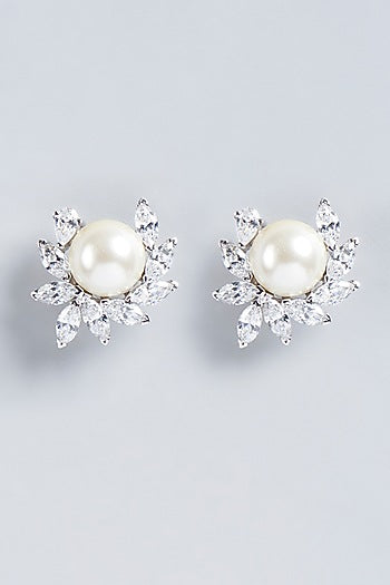 White Finish Synthetic Pearl & Swarovski Zirconia Earrings In Sterling Silver