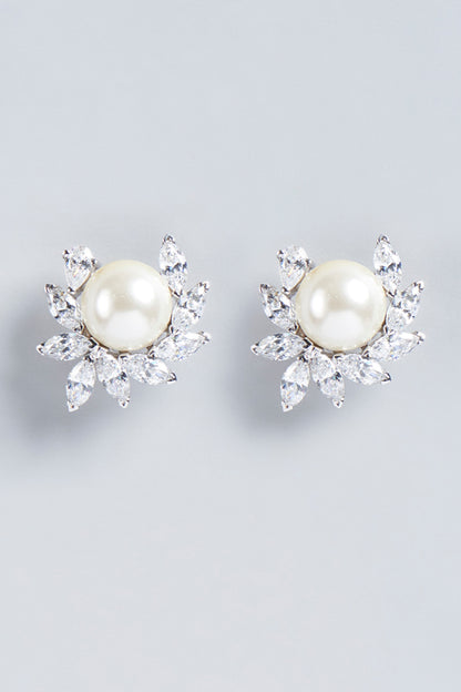 White Finish Synthetic Pearl & Swarovski Zirconia Earrings In Sterling Silver