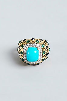 Gold Finish Turquoise Swarovski Zirconia Ring In Sterling Silver