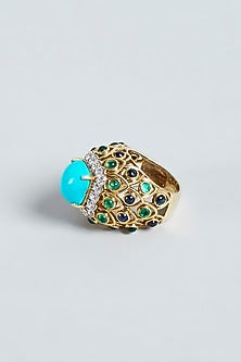 Gold Finish Turquoise Swarovski Zirconia Ring In Sterling Silver