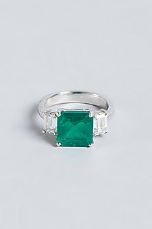 White Finish Green Swarovski Zirconia Ring In Sterling Silver