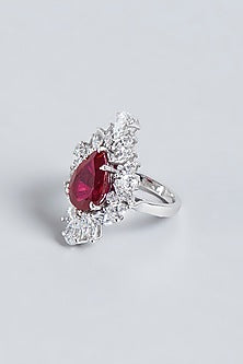 White Finish Red Swarovski Zirconia Ring In Sterling Silver