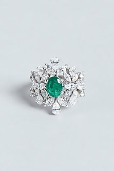 White Finish Green Swarovski Zirconia Ring In Sterling Silver