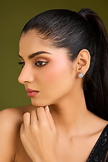 White Finish White Stone Stud Earrings In Sterling Silver