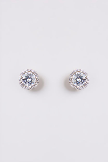 White Finish White Stone Stud Earrings In Sterling Silver