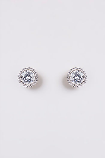 White Finish White Stone Stud Earrings In Sterling Silver