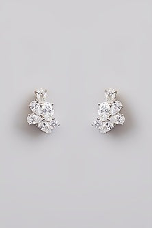 White Finish White Stone Stud Earrings In Sterling Silver