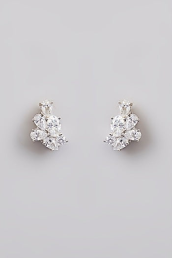 White Finish White Stone Stud Earrings In Sterling Silver