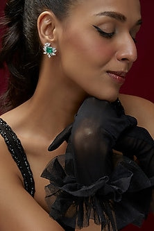 White Finish Emerald Synthetic Stone & Swarovski Zircon Hoop Earrings In Sterling Silver