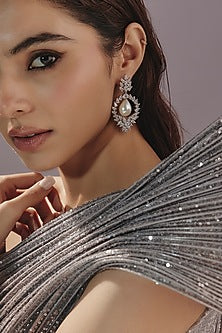White Finish Swarovski Zirconia & Pearl Dangler Earrings In Sterling Silver