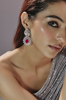 White Finish Swarovski Zirconia & Ruby Dangler Earrings In Sterling Silver