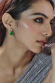 White Finish Swarovski Zirconia & Emerald Dangler Earrings In Sterling Silver