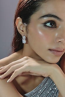 White Finish Emerald Cut Swarovski Zirconia Dangler Earrings In Sterling Silver