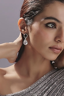 White Finish Swarovski Zirconia & Quartz Dangler Earrings In Sterling Silver