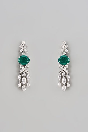 White Finish Swarovski Zirconia & Emerald Dangler Earrings In Sterling Silver