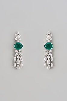 White Finish Swarovski Zirconia & Emerald Dangler Earrings In Sterling Silver