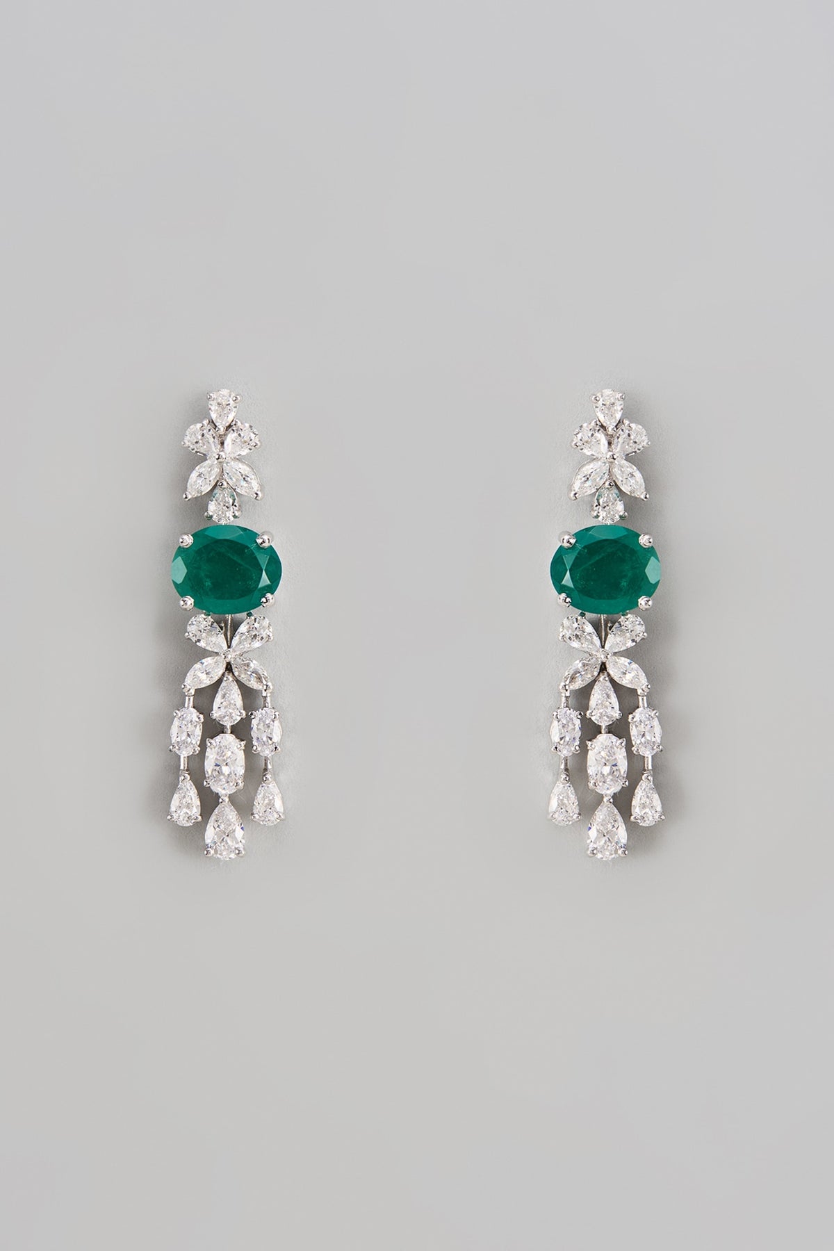 White Finish Swarovski Zirconia & Emerald Dangler Earrings In Sterling Silver
