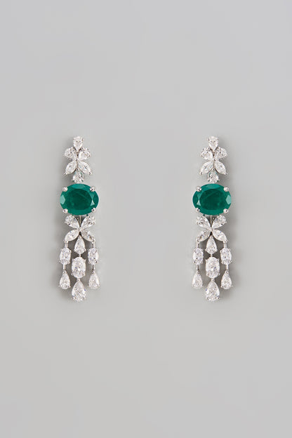White Finish Swarovski Zirconia & Emerald Dangler Earrings In Sterling Silver