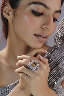 White Finish Swarovski Zirconia Blue Enameled Ring In Sterling Silver