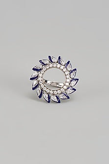 White Finish Swarovski Zirconia Blue Enameled Ring In Sterling Silver