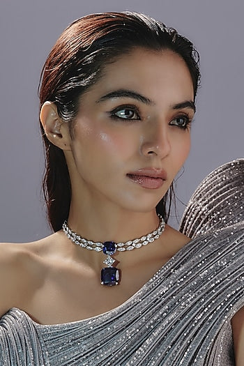 White Finish Swarovski Zirconia & Blue Sapphire Necklace In Sterling Silver