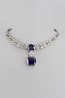 White Finish Swarovski Zirconia & Blue Sapphire Necklace In Sterling Silver