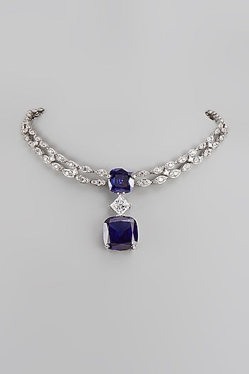 White Finish Swarovski Zirconia & Blue Sapphire Necklace In Sterling Silver